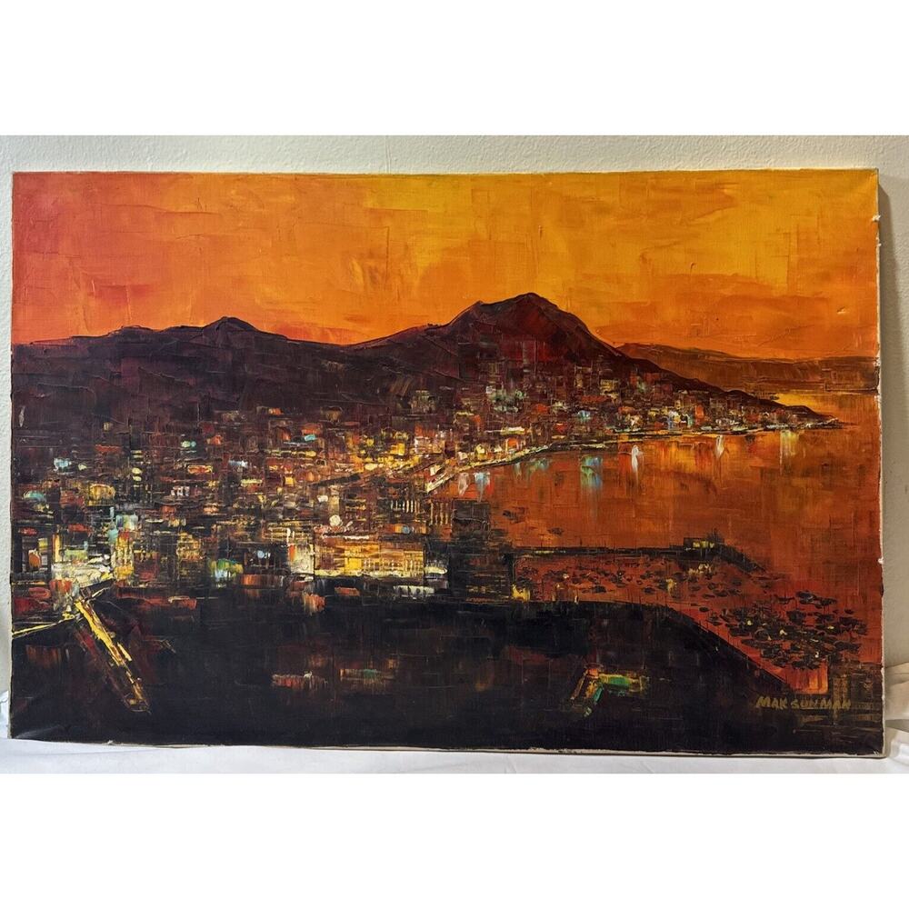Mac Sunman Original C1960's Painting Oil on Canvas Mountains and Port Lights